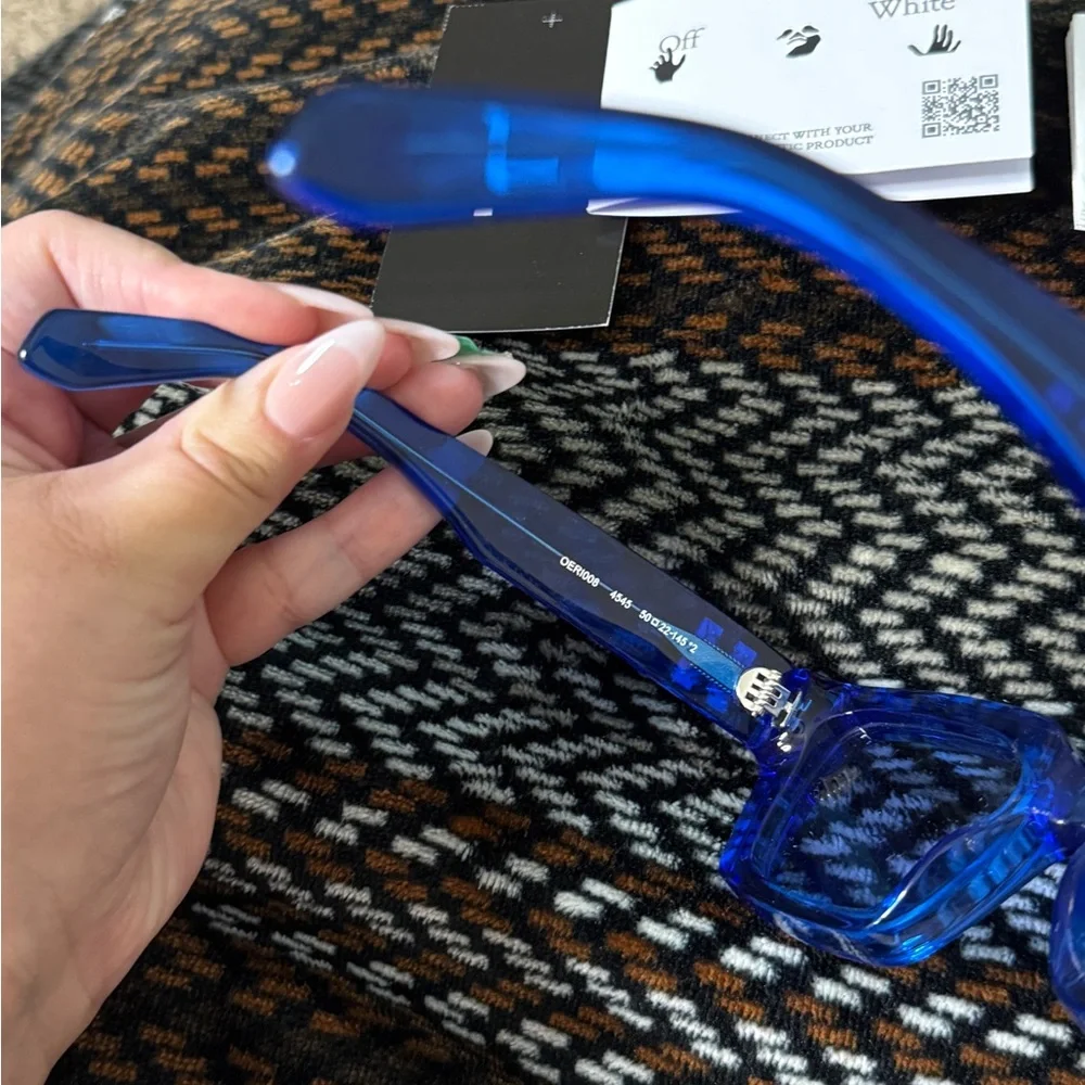Off-White Blue Transparent Rectangular Sunglasses with Silver Logo